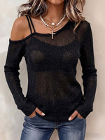 Top da donna in maglia a maniche lunghe asimmetriche a tinta unita con spalle scoperte e doppie spalline (vestibilità ampia)