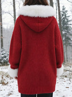 Cozy Red Chunky Knit Faux Fur Trimmed Cardigan