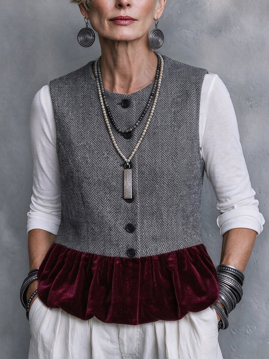 Gilet Patchwork dallo stile vintage in velluto e misto lana spinato con dettaglio volant