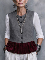 Gilet Patchwork dallo stile vintage in velluto e misto lana spinato con dettaglio volant