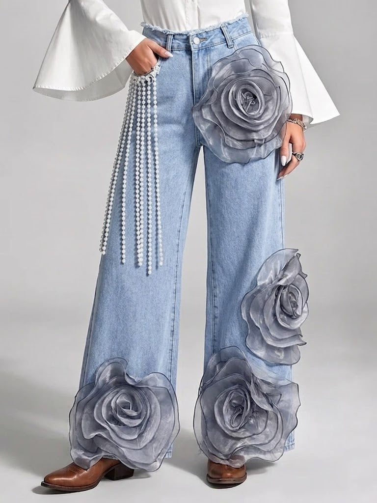 High-waisted, Loose-fit Wide-leg Jeans Featuring Elaborate, Dimensional Rose Embroidery