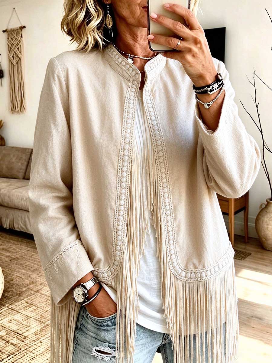 Cardigan aperto sul davanti con frange ricamate color crema bohémien
