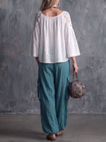 Women's Solid Color High-waisted Casual Loose Cotton Linen Wide-leg Pants
