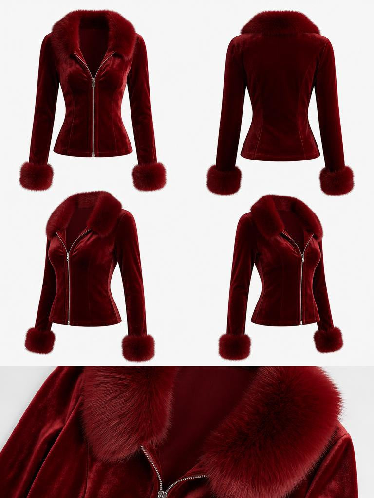Elegant, Glamorous, Fitted Stretch-velvet Zip Jacket With Faux-fur Trim.