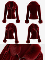 Elegant, Glamorous, Fitted Stretch-velvet Zip Jacket With Faux-fur Trim.