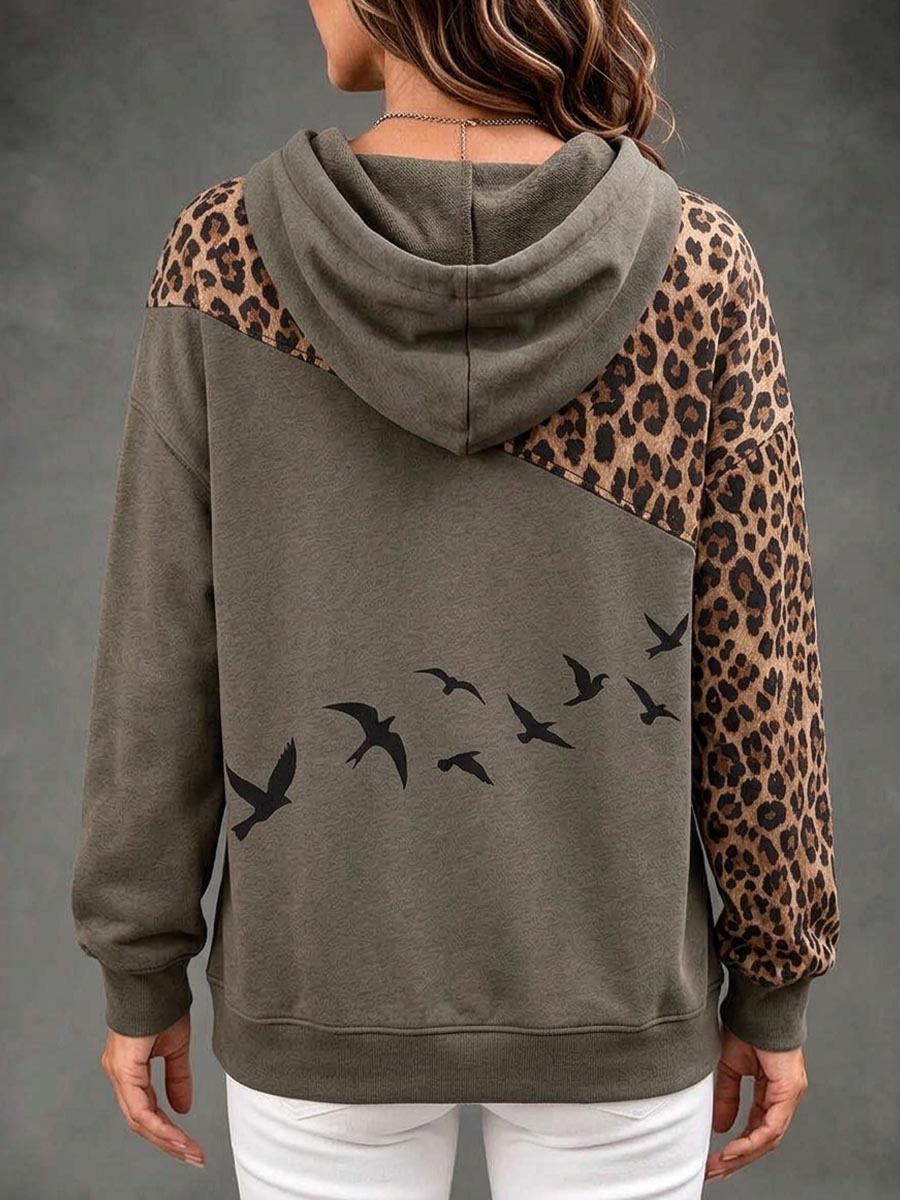 Women's Leopard Print Color Block Hoodie With Flying Birds Graphic