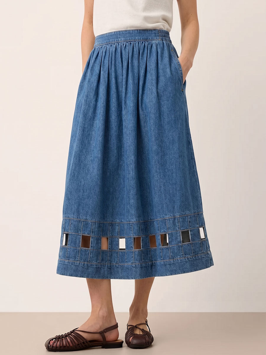 Women's High-waisted Geometric Hollow-out Casual Loose Denim Skirt