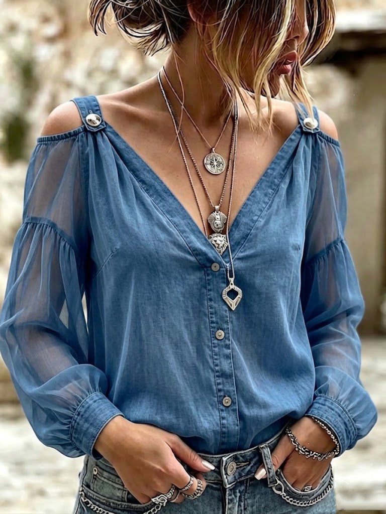 Denim Spliced Mesh Cold Shoulder V-neck Button Blouse