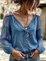 Denim Spliced Mesh Cold Shoulder V-neck Button Blouse