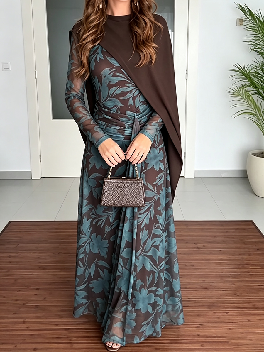 Eleganta Flora Streĉita Mesh Midi-Robo