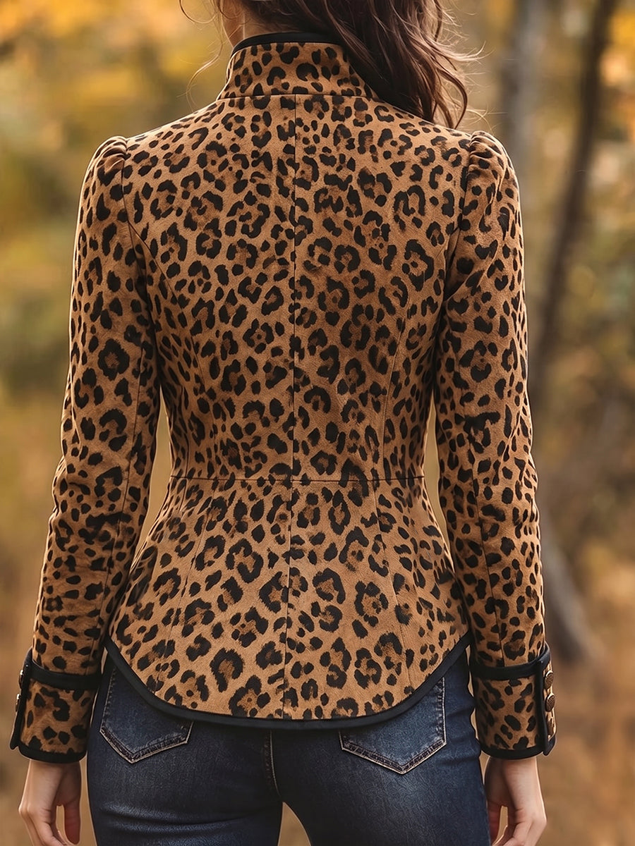 Chic Leopard Suede Contrast Trim Jacket