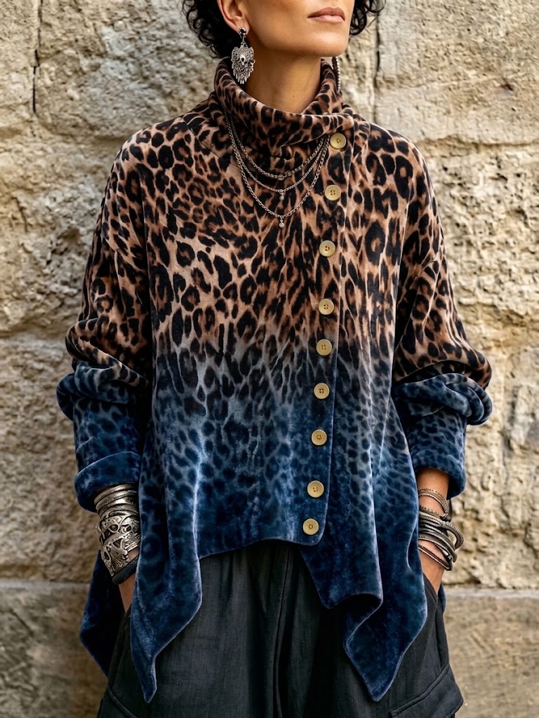 Top de terciopelo con cuello alto, estampado de leopardo degradado y diseño asimétrico con botones en la parte delantera