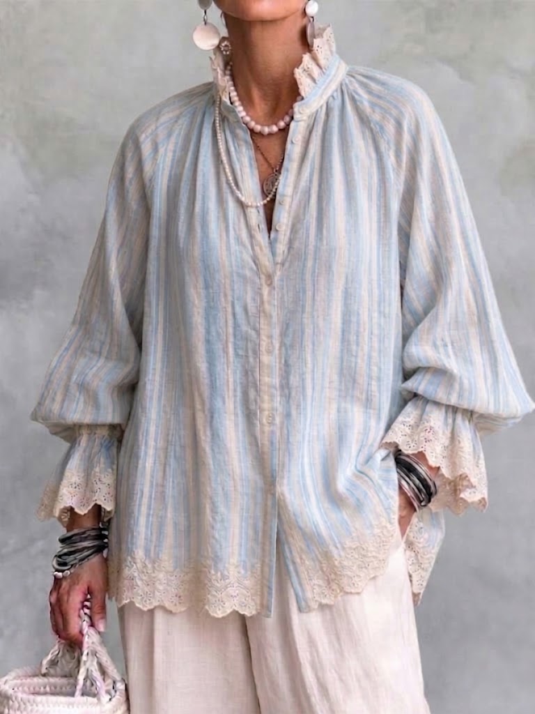 Camisa De Lino De Rayas Verticales Con Cuello Alto Con Adornos De Encaje