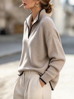 Cozy Knit Top With Contrast-color Piping At The Neckline