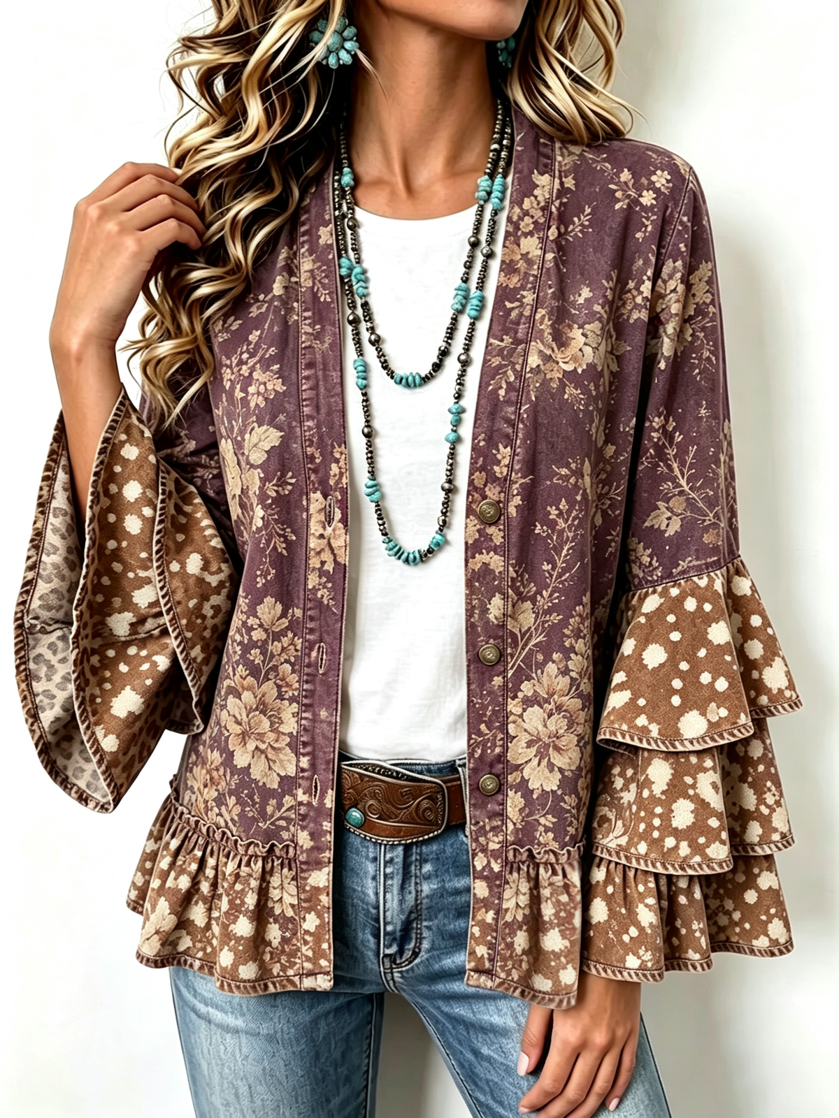 Vintage Floral Print Tiered Ruffle Sleeve Jacket