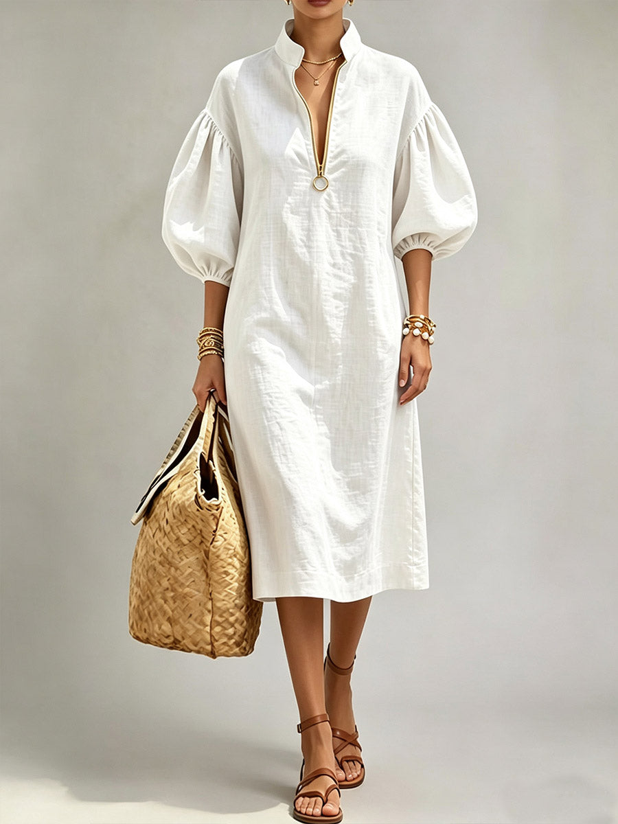 Women's Solid Color 3/4 Neck Long Sleeve Casual Loose Cotton Linen Dress