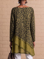 Women's Leopard Print Crew Neck Long Sleeve Casual Loose Patchwork Top