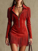 Minivestido estilo western con flecos y cremallera de ante sintético