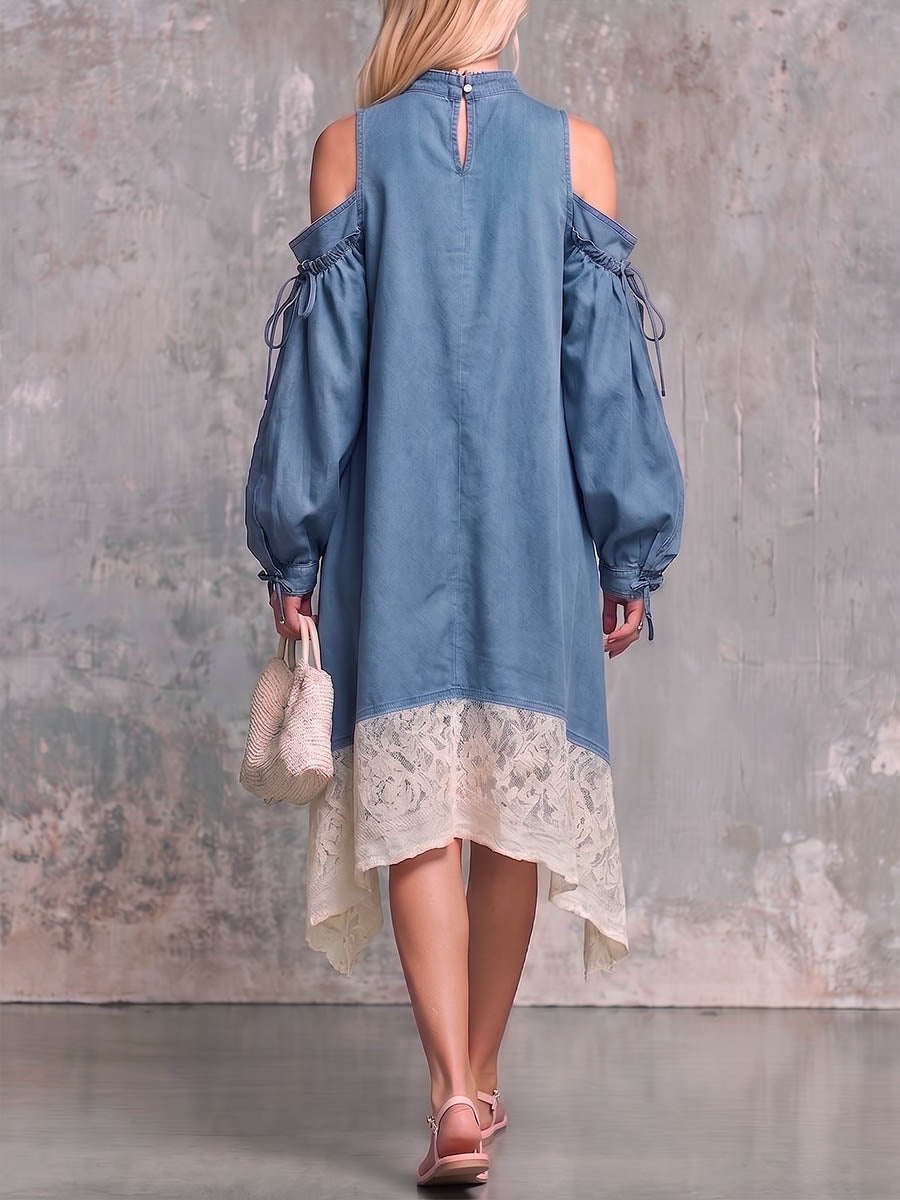 Women's Round Neck Off-shoulder Long Sleeve Casual Loose A-line Denim Patchwork Lace Dress
