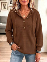 Women's Solid Color V-neck Long-sleeve Casual Loose Waffle Knit Hooded Top