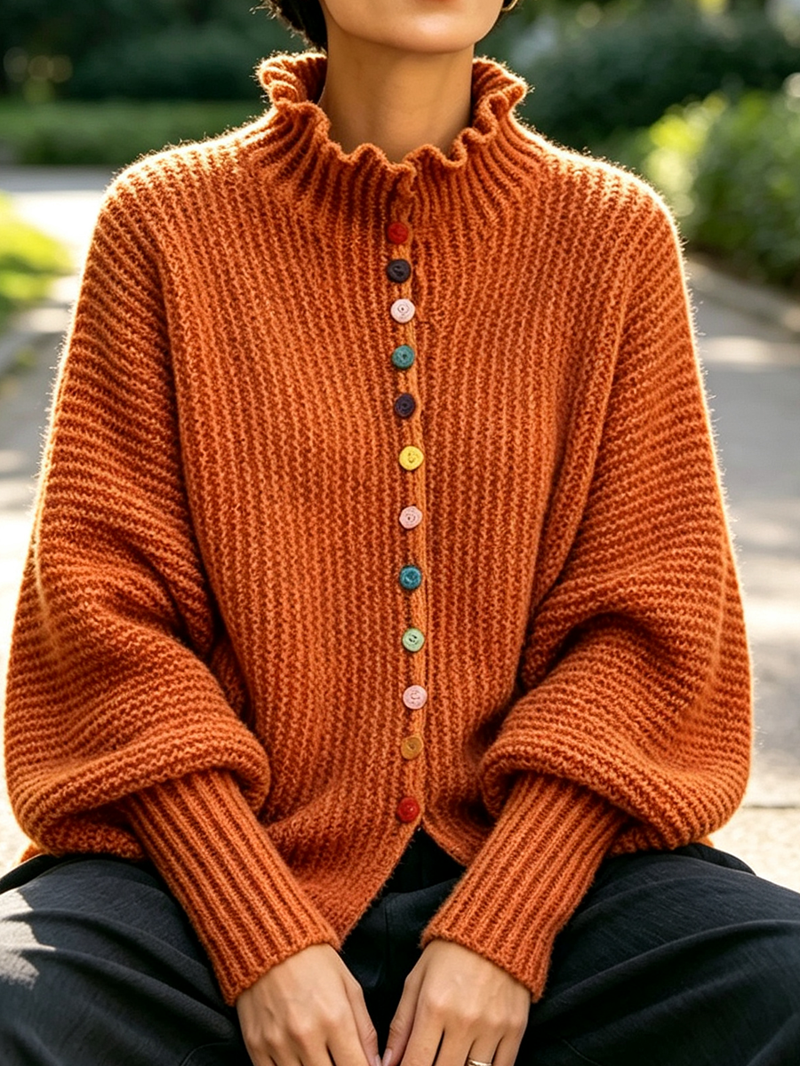 Vigla Ruĉita Turtleneck Svetero Kun Buntaj Ĉielarkaj Butonoj