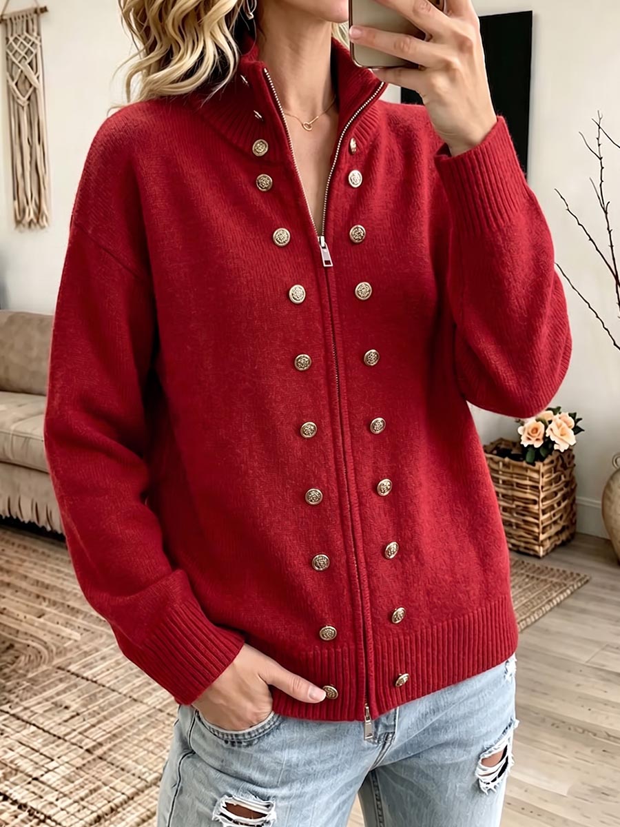 Women's Solid Color Stand-collar Long-sleeve Loose-fit Button-front Knit Cardigan
