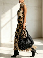 Bohemian Leopard-print Sleeveless Turtleneck Knit Midi Dress