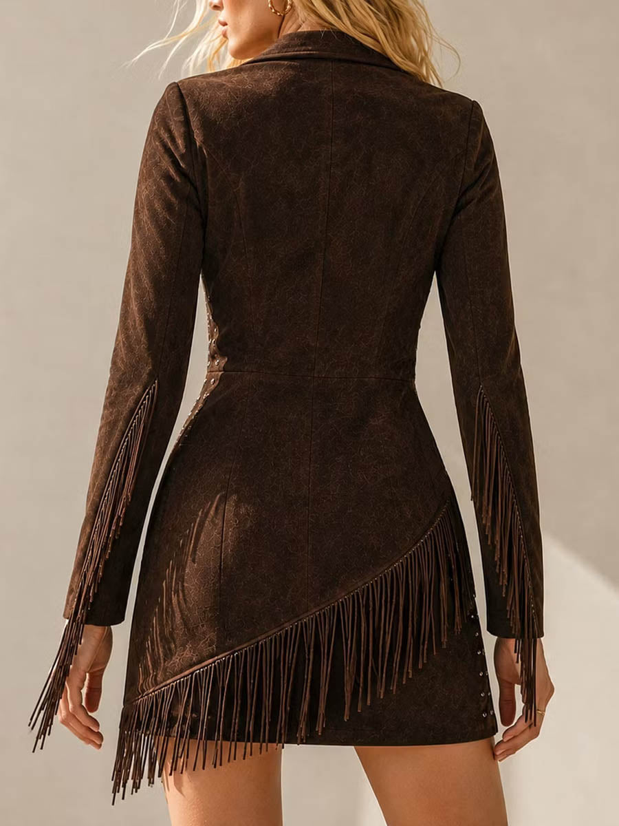 Women's Solid Color Lapel Long-sleeve Loose Casual Faux Suede Dress With Studs And Tassels