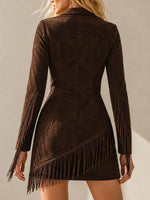 Women's Solid Color Lapel Long-sleeve Loose Casual Faux Suede Dress With Studs And Tassels