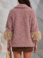 Women's Lapel Color Contrast Cuff Fuzzy Fleece Coat