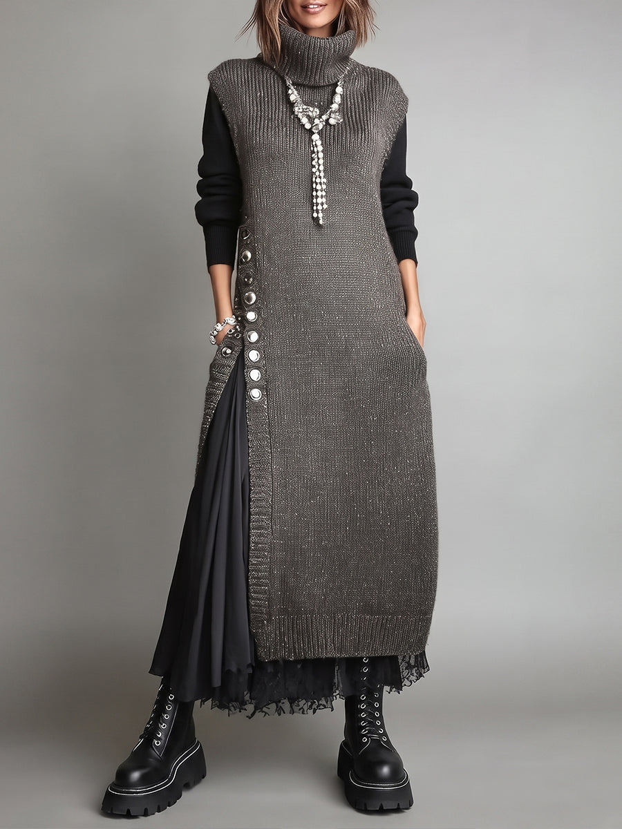 Elegant Ribbed Knit Side-Button Turtleneck Tunic