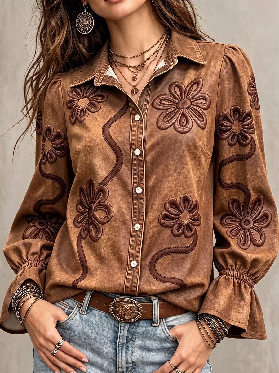 Vintage-Jeanshemd mit Blumenstickerei