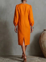 Minimalist Orange Linen-cotton Blend Long-sleeve Dress