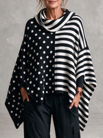 Maglione poncho a righe e pois bianchi e neri da donna