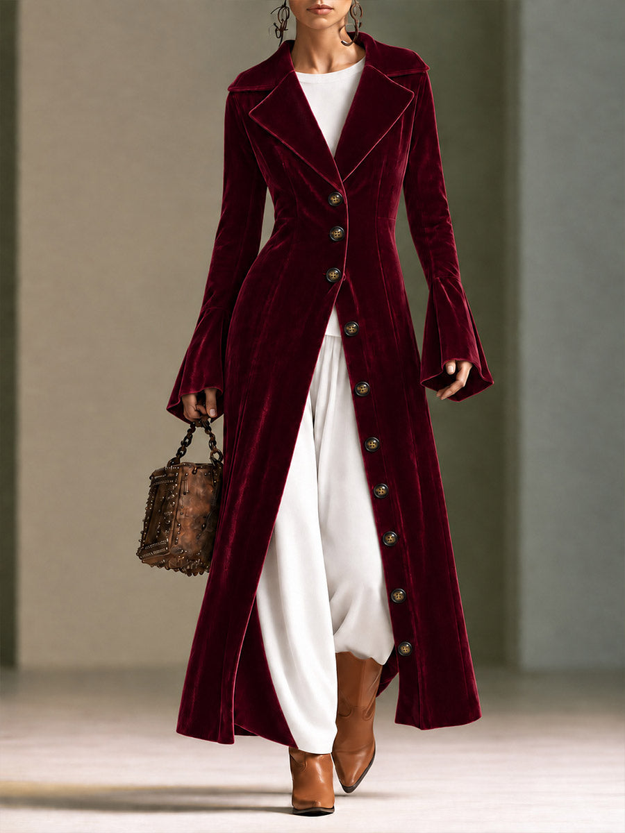 Burgundy Velvet Longline Button-front Duster Coat