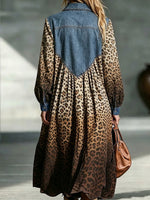 Vintage Denim Yoke Leopard Long Sleeve Maxi Dress