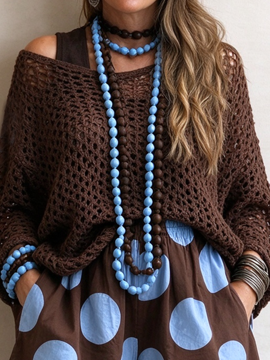 Top maglione casual in maglia aperta marrone rilassato
