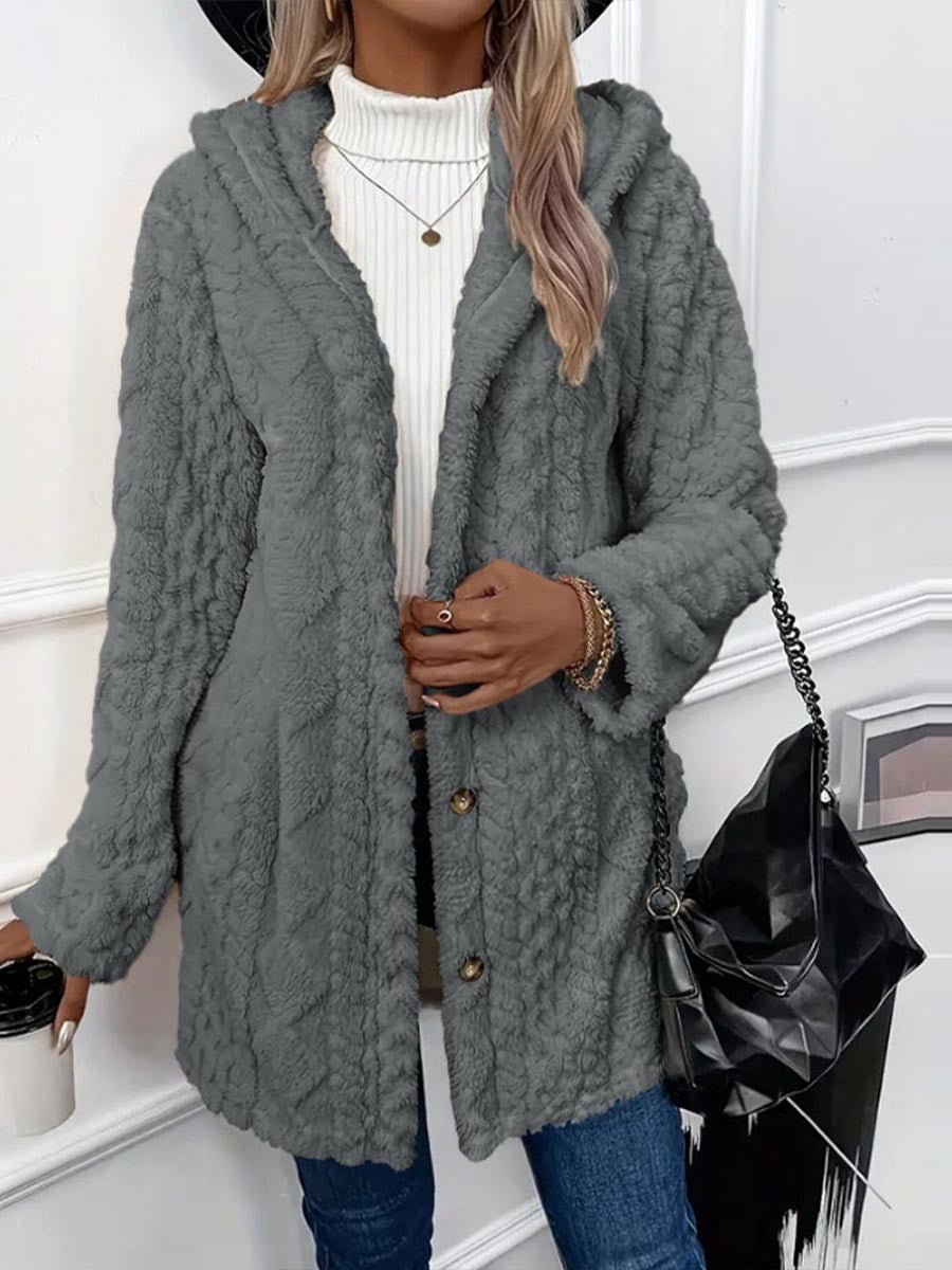 Women's Solid Color Long-sleeved Casual Loose Hooded Flannel Jacket