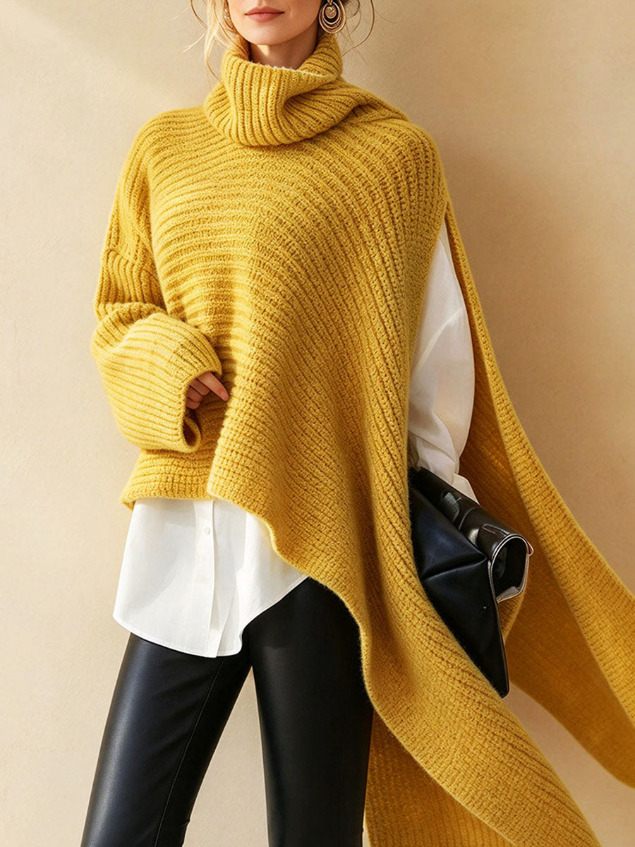 Maglione poncho in maglia con collo alto e orlo asimmetrico oversize
