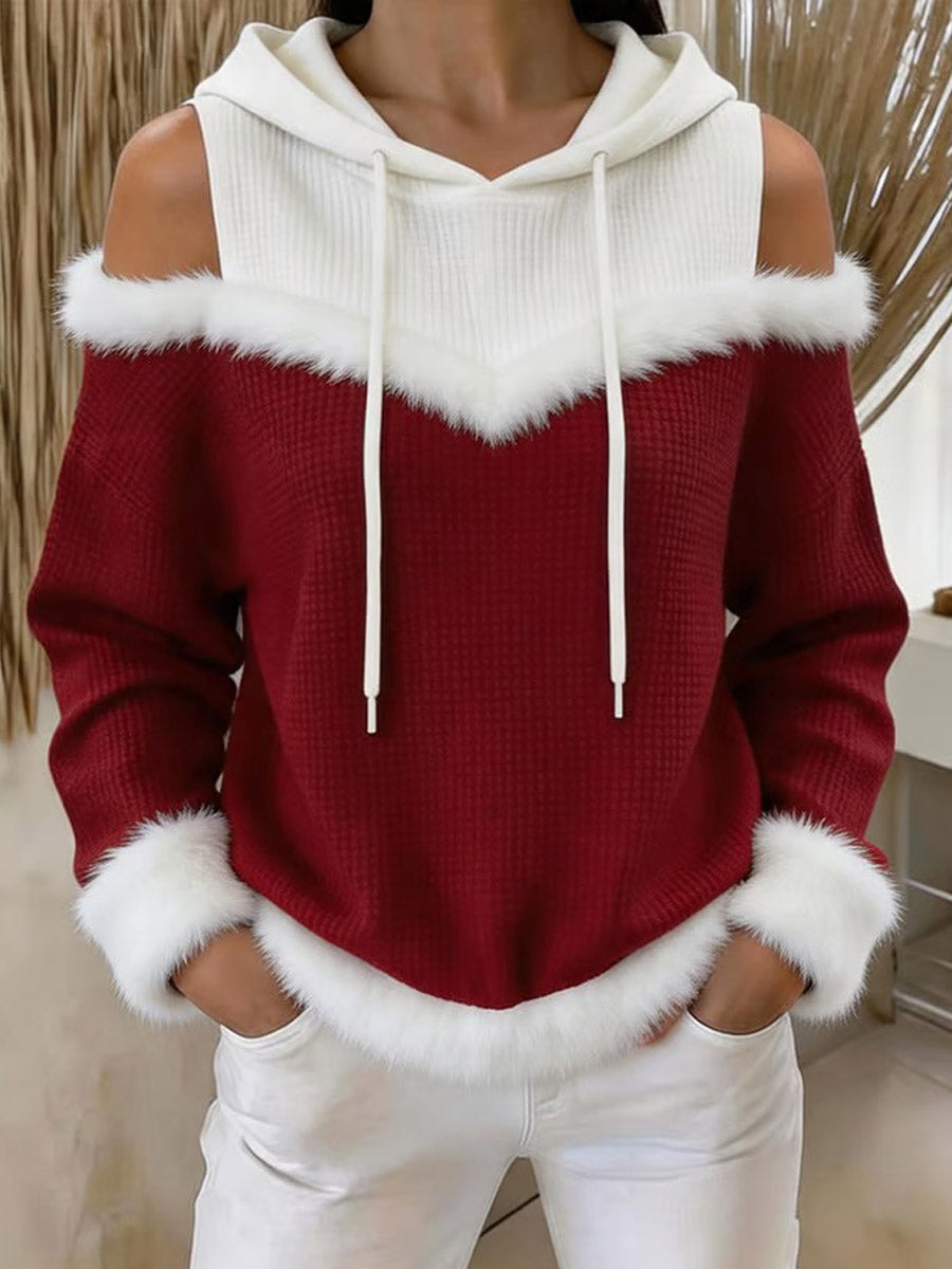 Kaltschultriger Kapuzenpullover für Damen mit Farbblockdesign und Kunstpelzbesatz