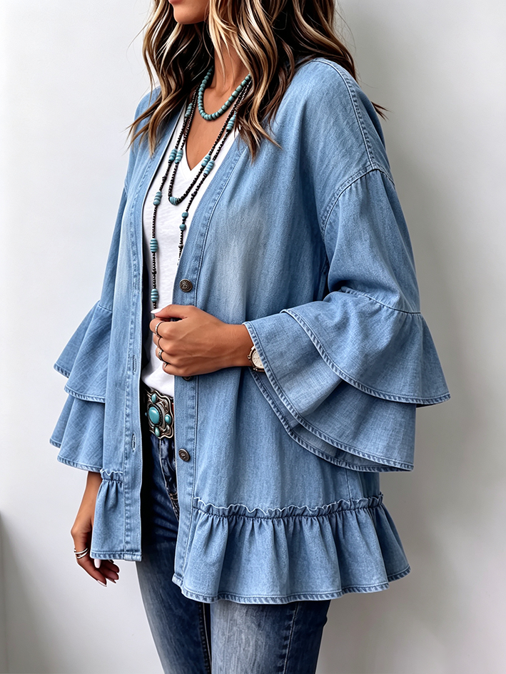 Chic Boho Tiered Ruffle Sleeve Denim Cardigan