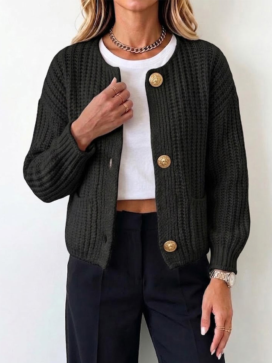 Round Neck Chunky Knit Gold‑button Cropped Cardigan