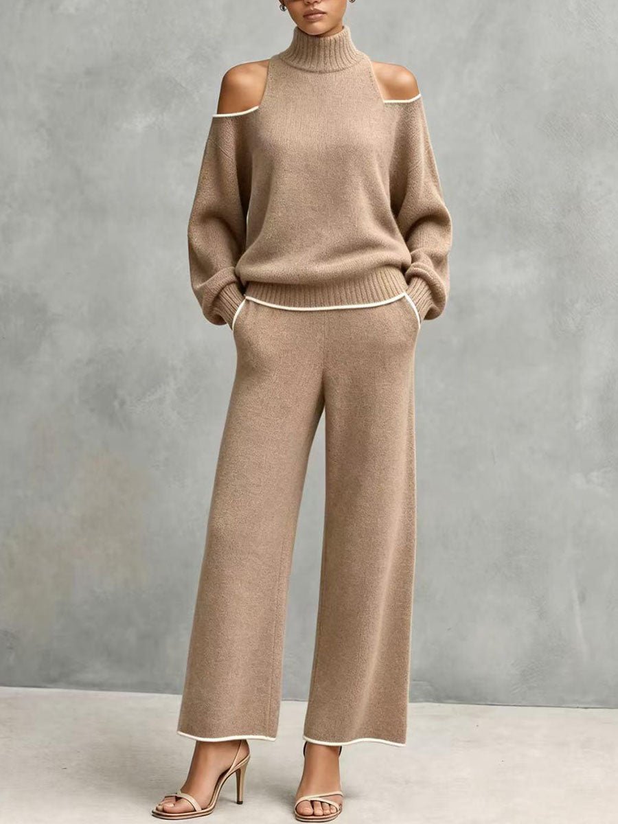 Set maglione lavorato a maglia a collo alto con spalle scoperte e pantaloni a gamba larga