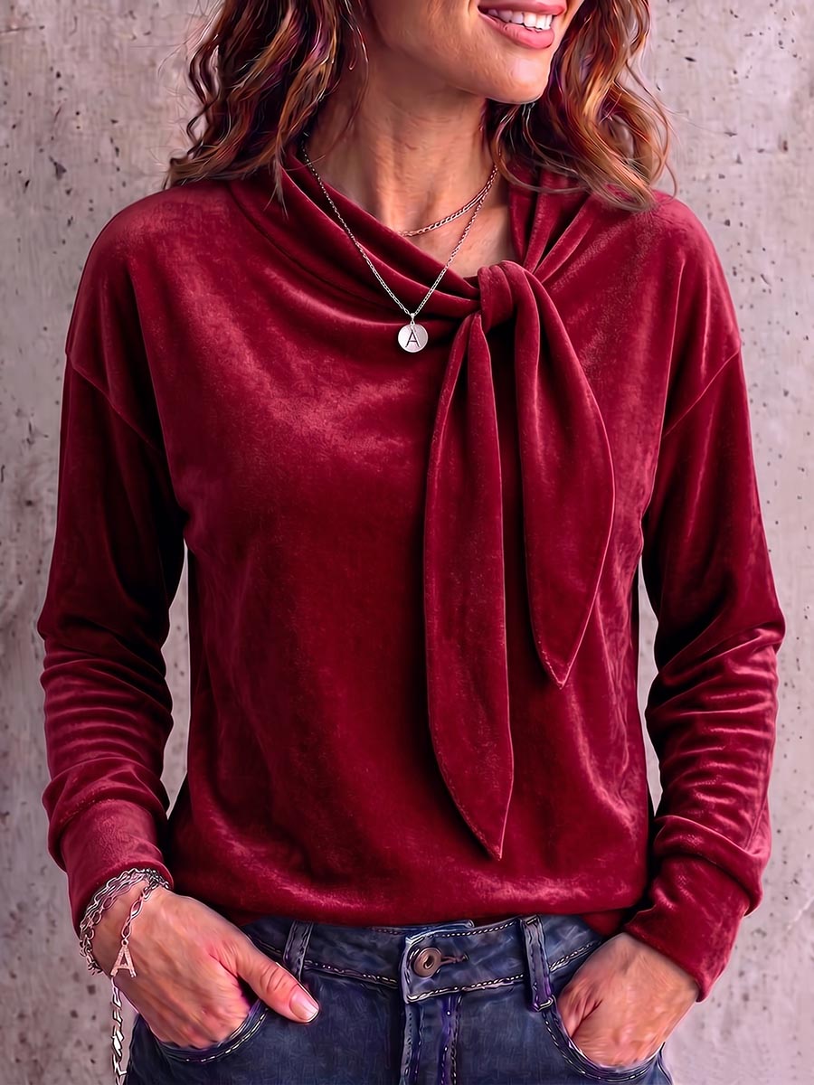 Women's Solid Color Round Neck Tie-waist Long Sleeve Casual Loose Velvet Top