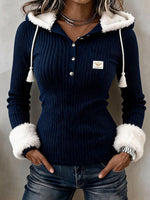 Cozy Faux Fur Trim Hooded Ribbed Knit Top