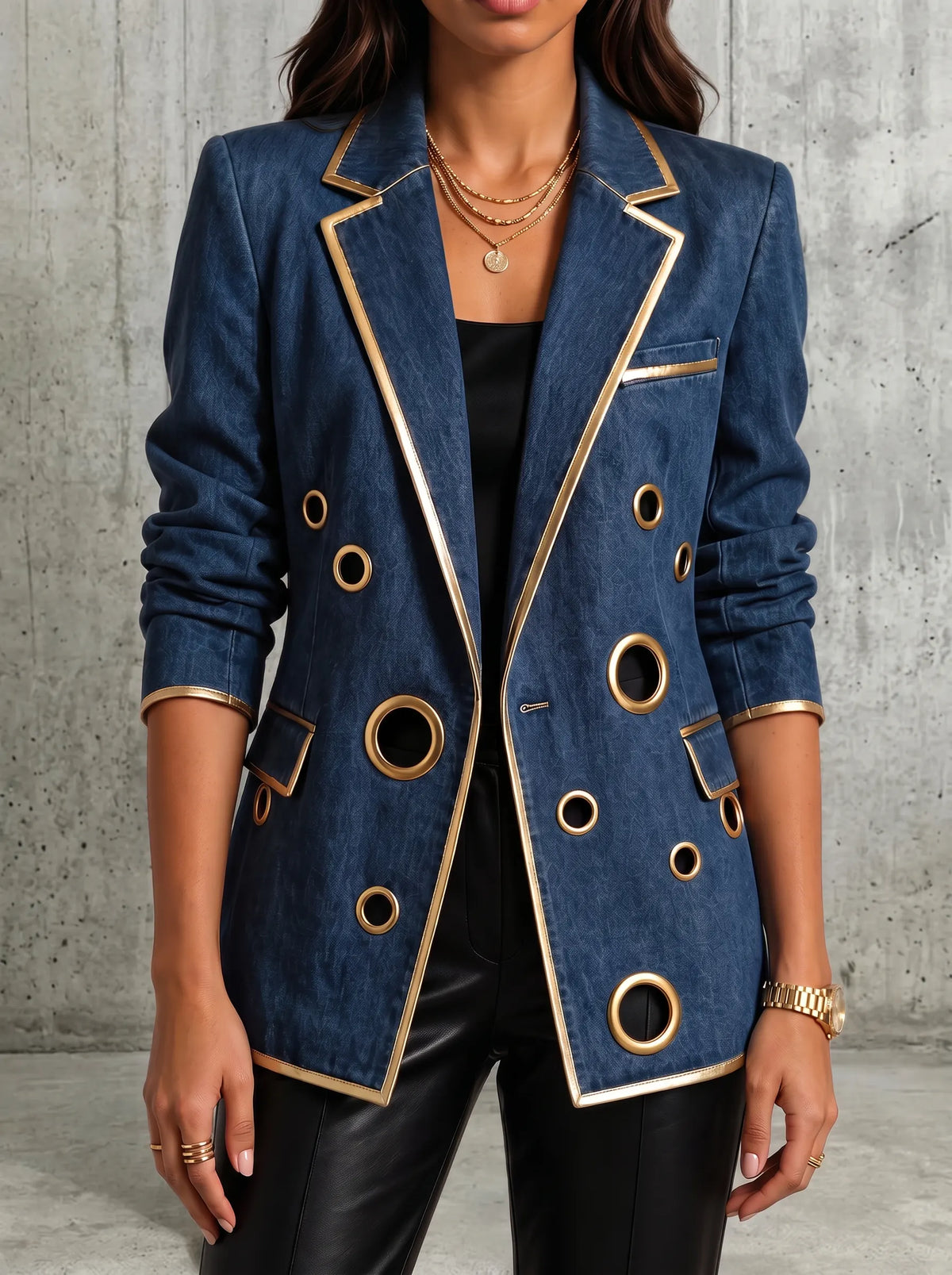 Metallic Gold Trim Grommet Detail Denim Blazer