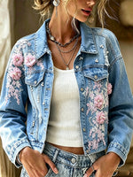 Romantic 3D Floral Applique Pearl Denim Jacket