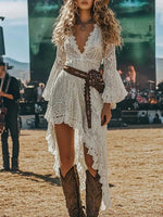Vestido largo bohemio de encaje blanco con cuello en V profundo y alto-bajo (cinturón no incluido)