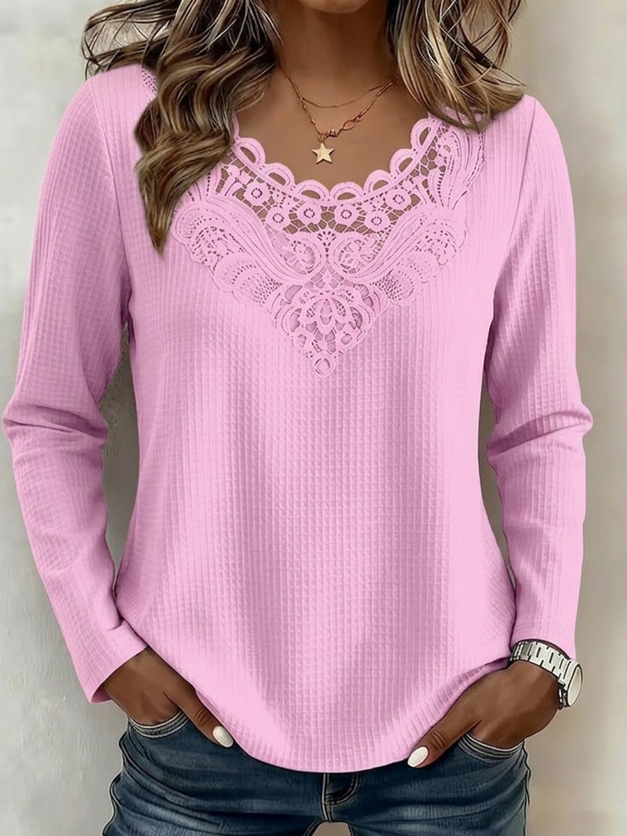 Solid-color Long-sleeve Top With Lace Splicing And Cut-out Details