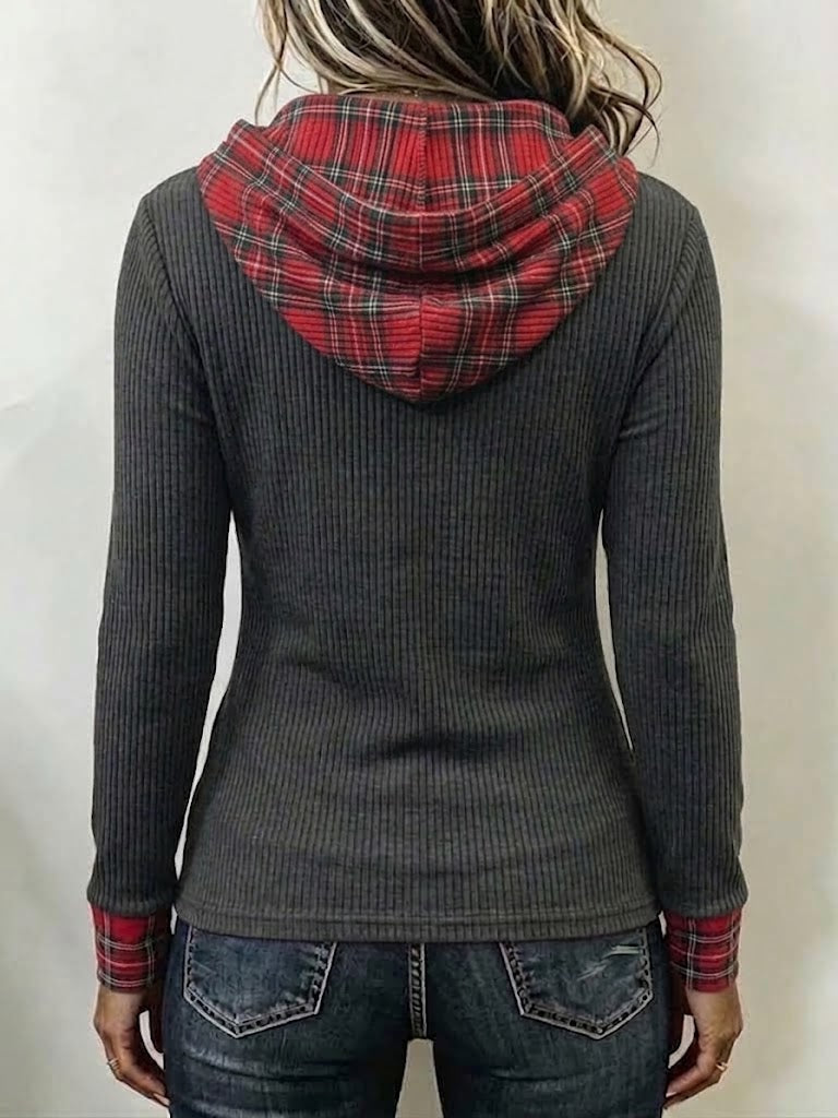 Stylish Plaid-panel Ribbed Hoodie